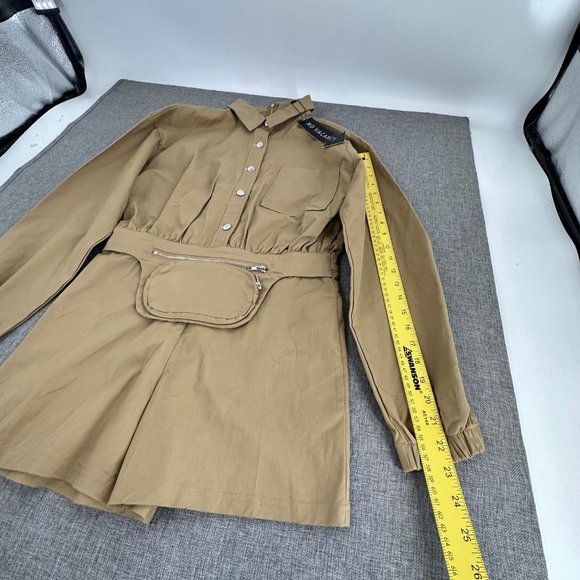 No Vacancy Tan Romper Shorts Fanny Pack Attached Collared Long Sleeve Medium - Picture 5 of 16